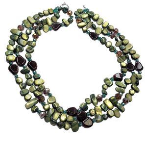 Mother of Pearl Bib Necklace in Green and Brown Shell Bead Chips Three Strand